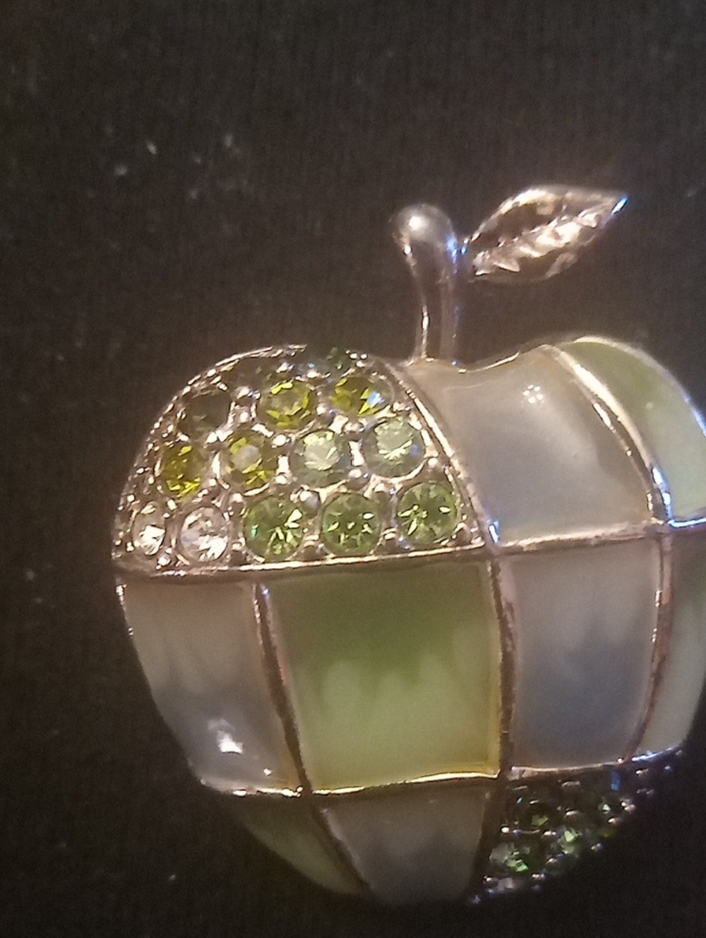 Vintage 1970s Green Crystal's & Enamel Apple Pin Sterling Silver Brooch